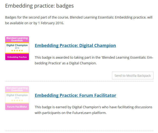 In this example 'Forum Facilitator' is greyed out indicating you are still to achieve this badge. Click on an individual badge will let you see how to claim the badge