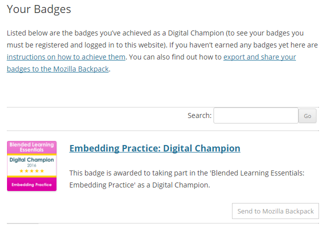 Next to the badges you've been awarded is a 'Send to Mozilla Backpack' button.